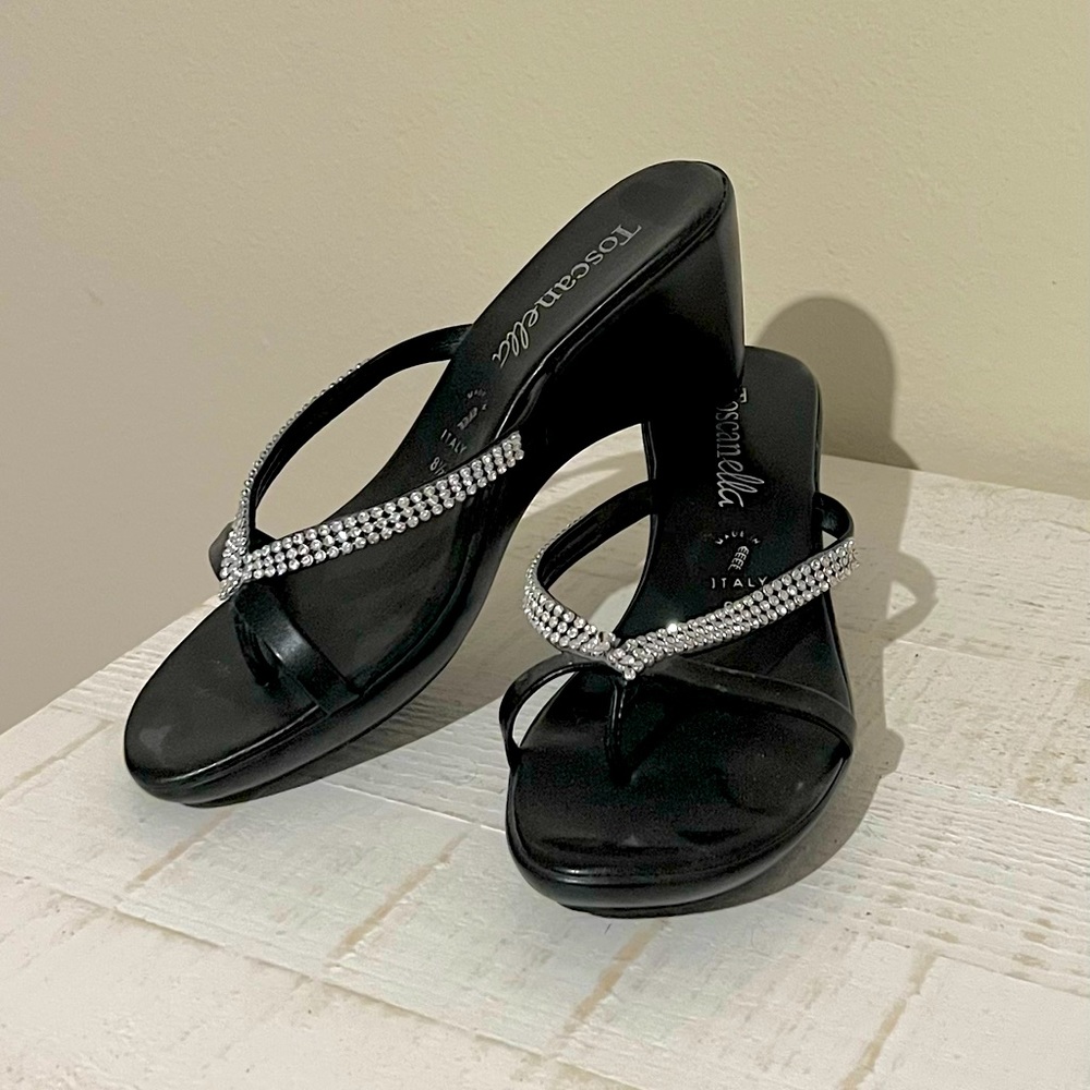 Toscanella Black Rhinestone Strappy Wedges - Size 8.5